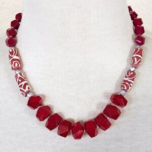 Red Recycled African Krobo Glass Patterned Tribal Print Statement Necklace